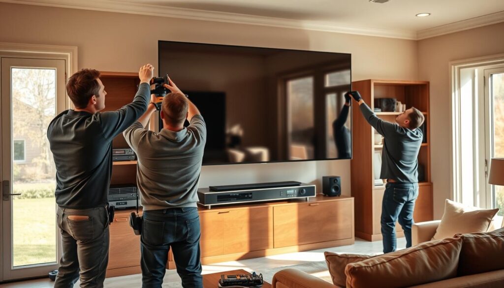 Tv installation pretoria a professional team of technicians expertly installing a large 70 inch tv on a living room 1024x585